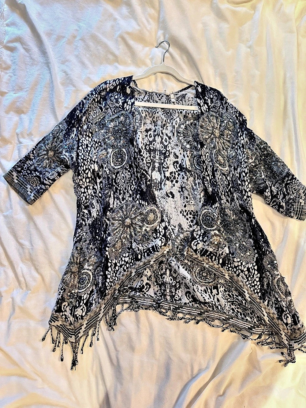 Soft Surroundings PS/PM Boho Embroidered Fringe Cardigan Kimono Blue Viscose/woo